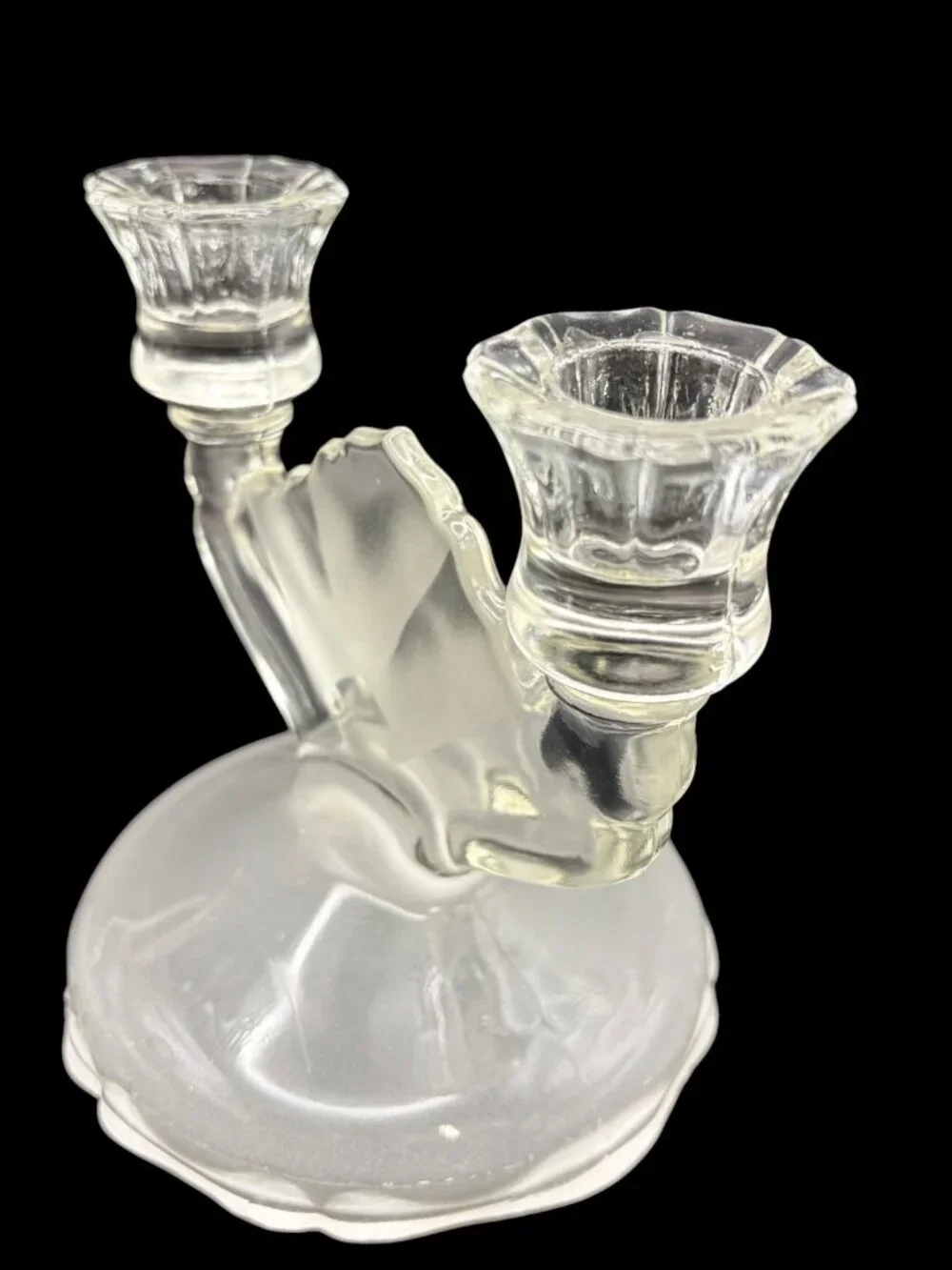 Vintage L.E. Smith Frosted & Clear Glass Double Candle Holder Pair